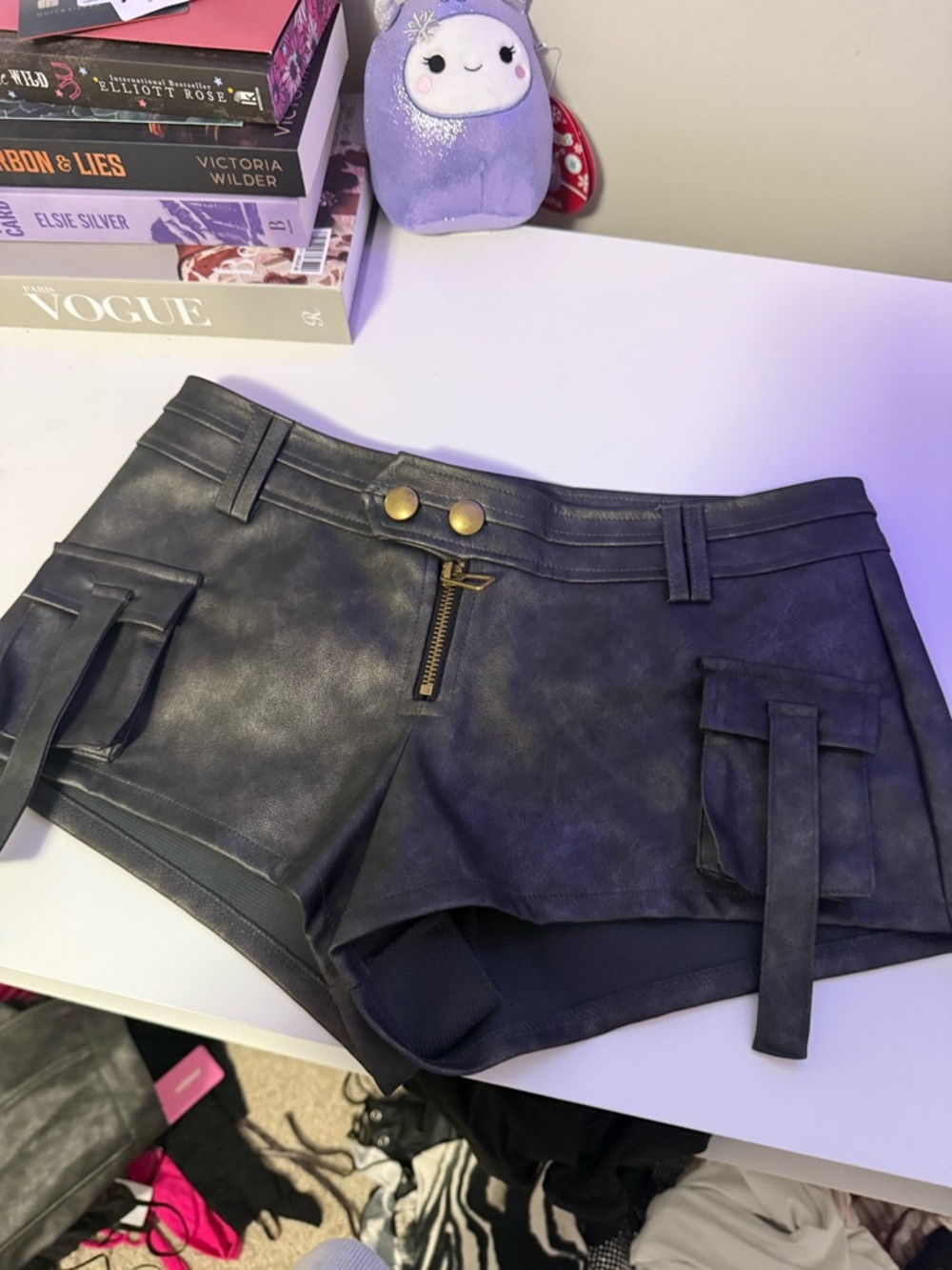 Edikted Black Faux Leather Cargo Shorts with Front Zip